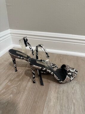 Steve Madden Black and White Snake-Print Stiletto Sandals